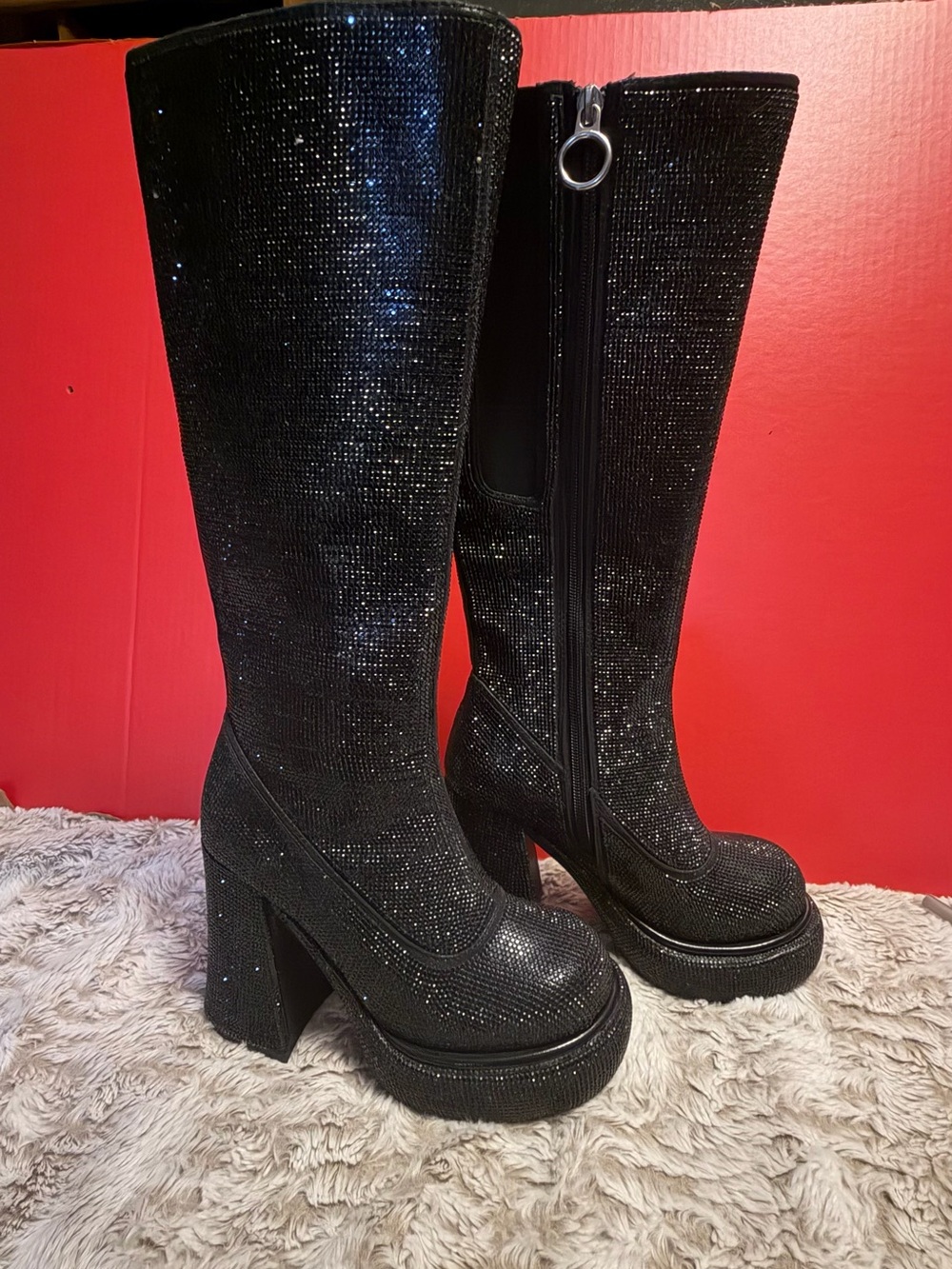 NWOT Sugar Thrillz “Bling it Up!” Black Rhinestone Platform Knee-High Boots